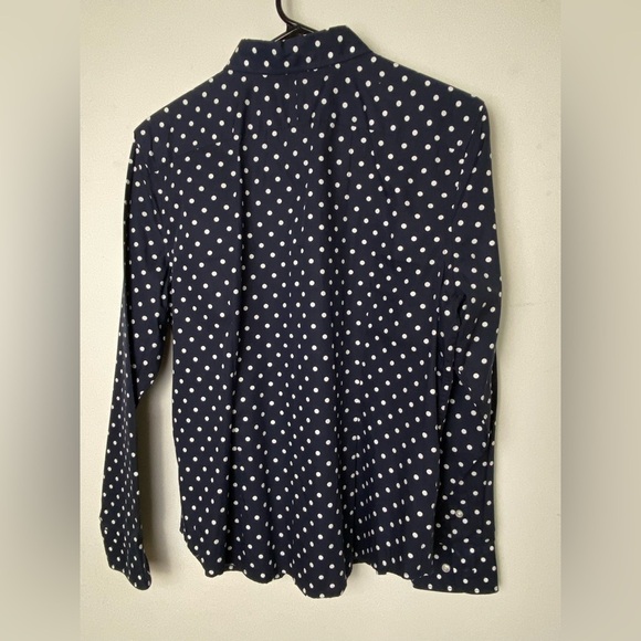 Chaps Blue and White Tie Front Blouse with Mandarin Collar - Picture 4 of 6